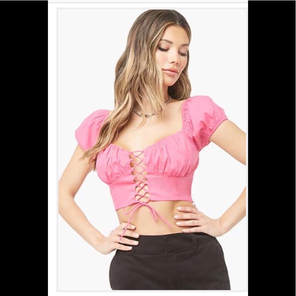 Hot pink tie peasant lace up puff sleeve top blouse forever 21 cotton candy bow